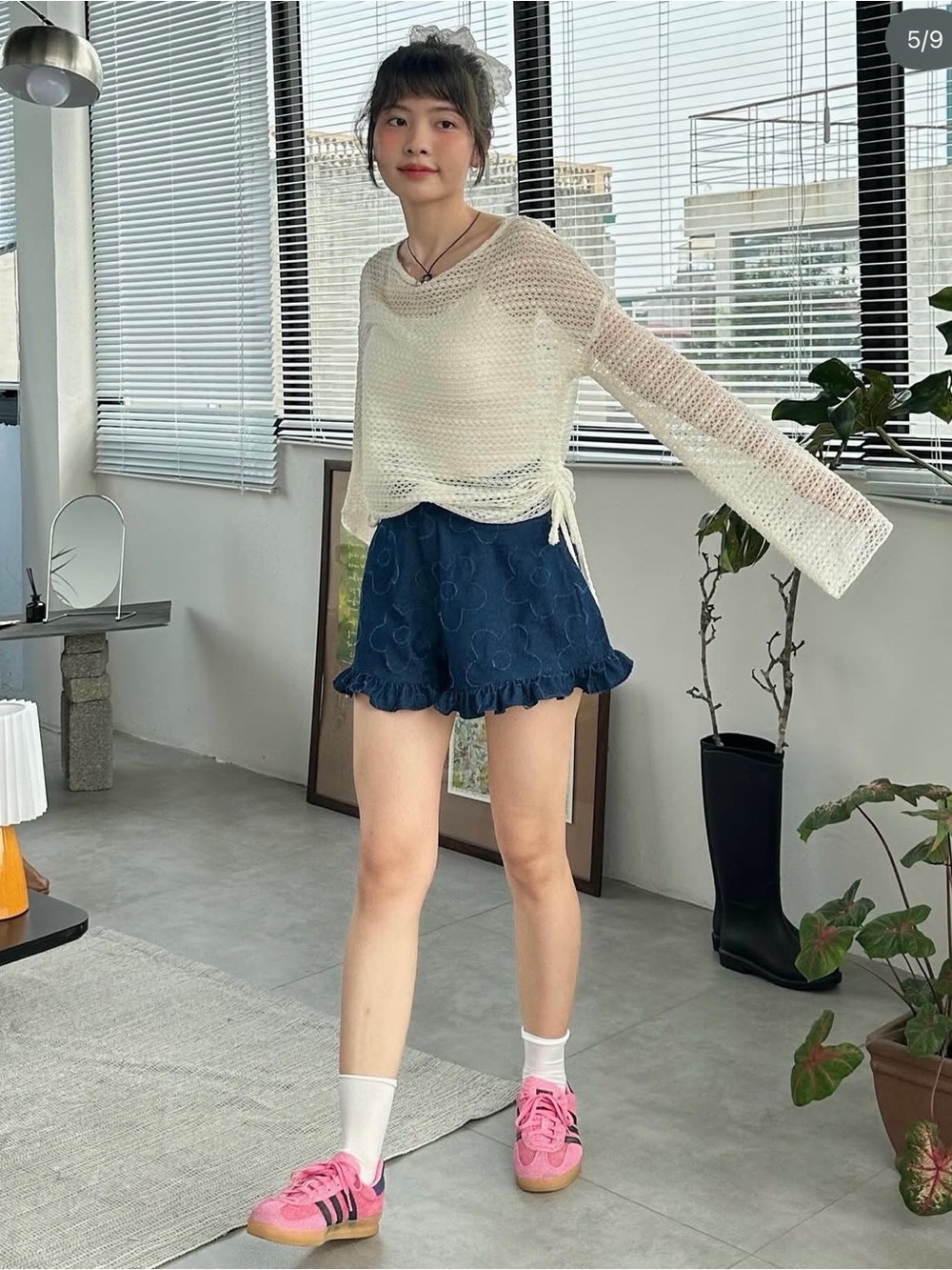 Open-Knit Cream Crewneck Sweater with Side Ties - Picture 2 of 2